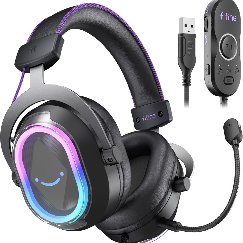 FIFINE H13BP Wired USB Gaming Headset for PC, PS4/5, Mac, Game/Chat Balance | Large 50mm drivers, Crisp 7.1 Surround, Ergonomic Earpads, Active Noise Canceling Mic, 11 Modes RGB, 3 EQ Modes