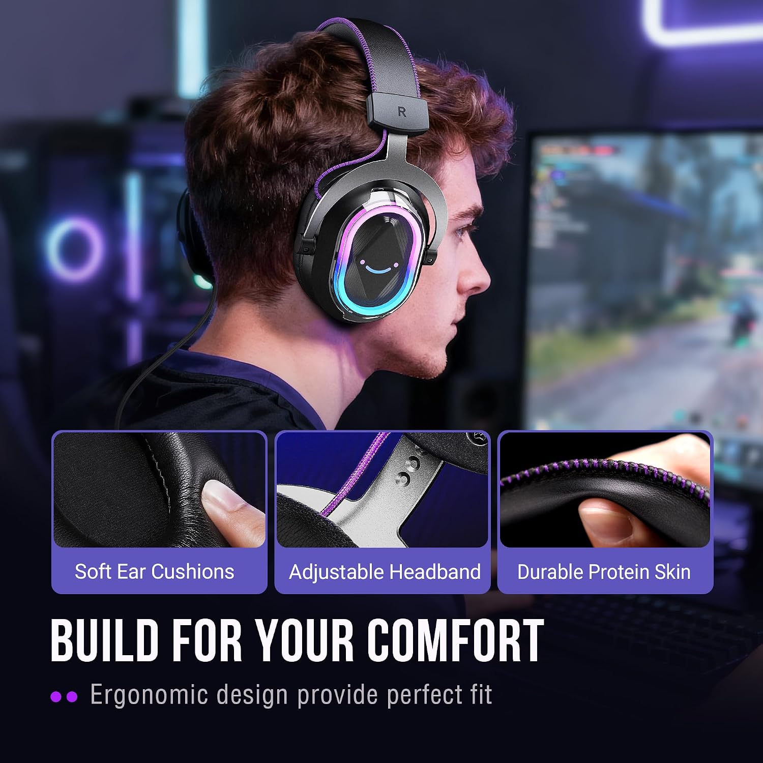 FIFINE H13BP Wired USB Gaming Headset for PC, PS4/5, Mac, Game/Chat Balance | Large 50mm drivers, Crisp 7.1 Surround, Ergonomic Earpads, Active Noise Canceling Mic, 11 Modes RGB, 3 EQ Modes - Image 4