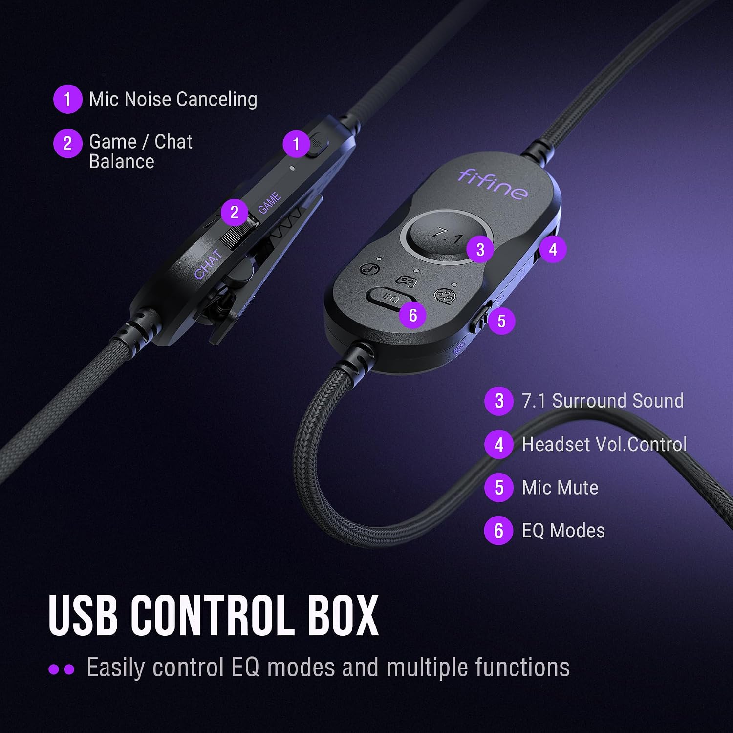 FIFINE H13BP Wired USB Gaming Headset for PC, PS4/5, Mac, Game/Chat Balance | Large 50mm drivers, Crisp 7.1 Surround, Ergonomic Earpads, Active Noise Canceling Mic, 11 Modes RGB, 3 EQ Modes - Image 6