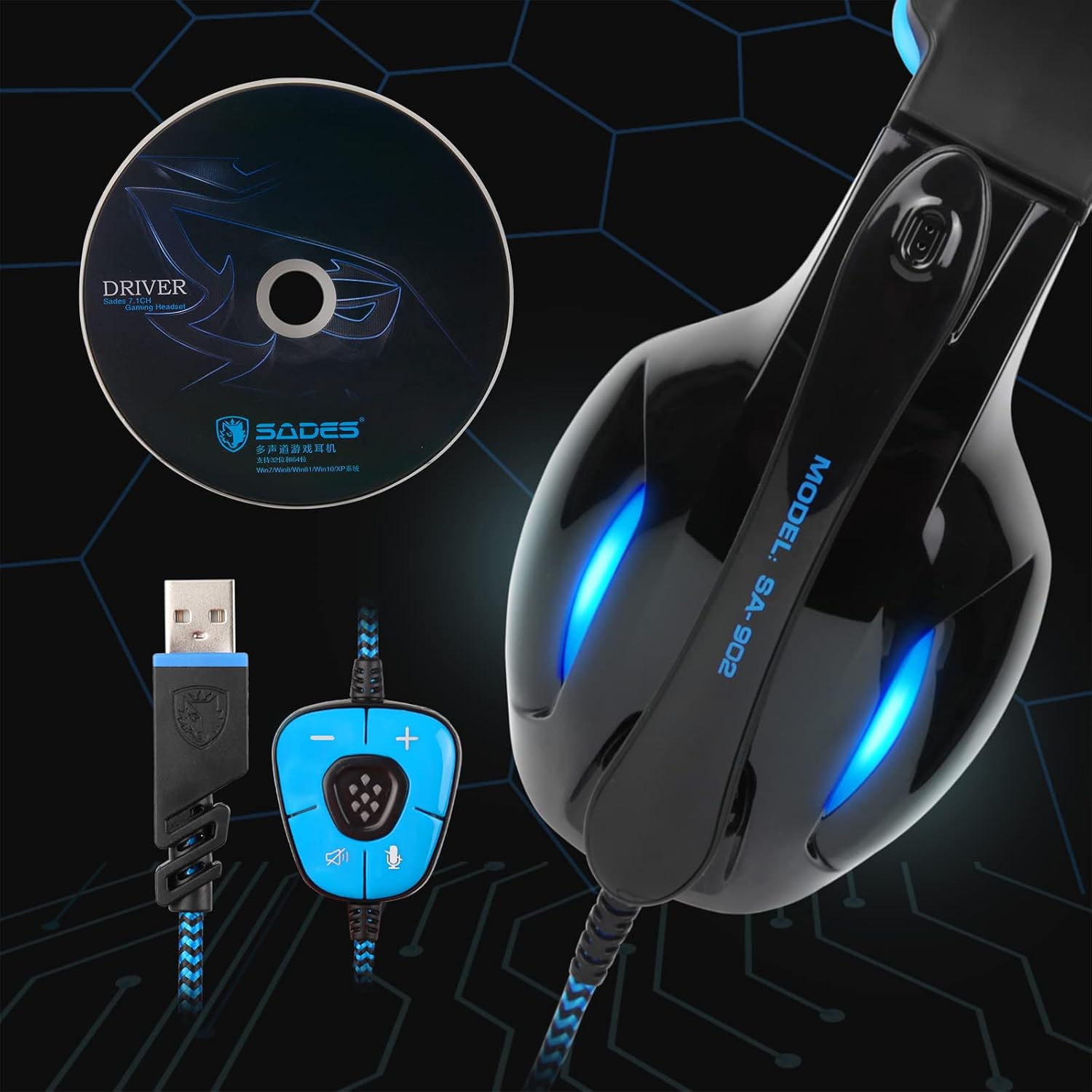 SADES SA902 Stereo Gaming Headset 7.1 USB Surround Sound PC Headsets Over-Ear Gaming Headphones with Microphone LED Light Black Blue - Image 3
