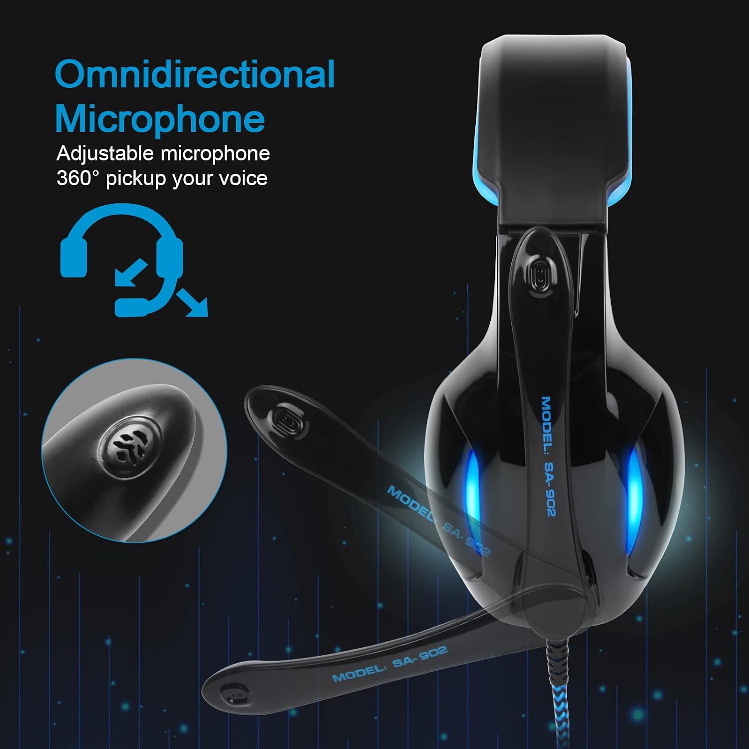 SADES SA902 Stereo Gaming Headset 7.1 USB Surround Sound PC Headsets Over-Ear Gaming Headphones with Microphone LED Light Black Blue - Image 4
