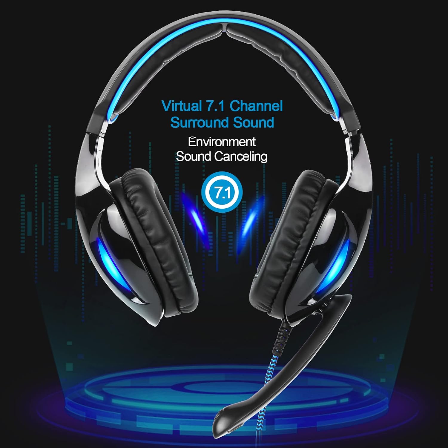 SADES SA902 Stereo Gaming Headset 7.1 USB Surround Sound PC Headsets Over-Ear Gaming Headphones with Microphone LED Light Black Blue - Image 5
