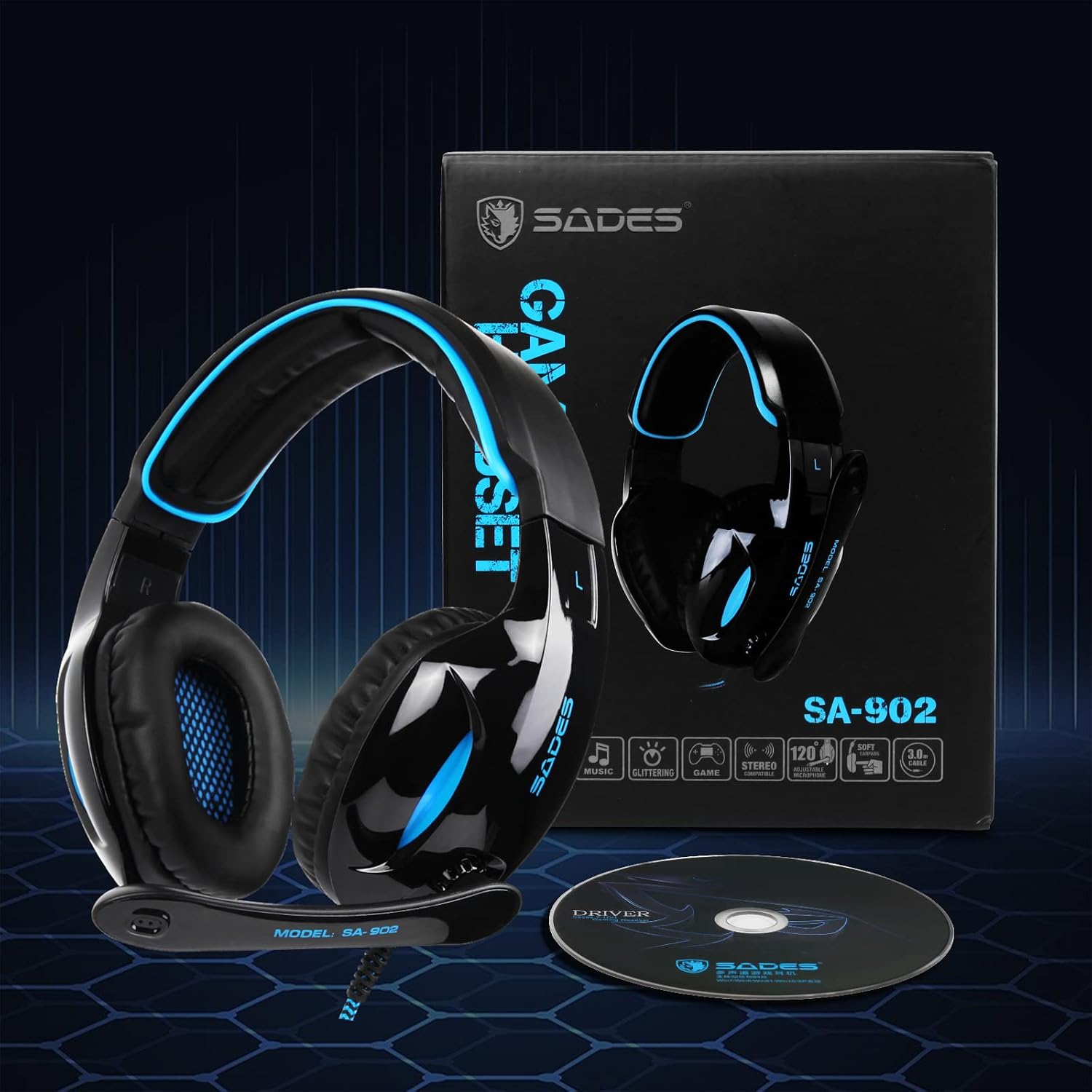 SADES SA902 Stereo Gaming Headset 7.1 USB Surround Sound PC Headsets Over-Ear Gaming Headphones with Microphone LED Light Black Blue - Image 6