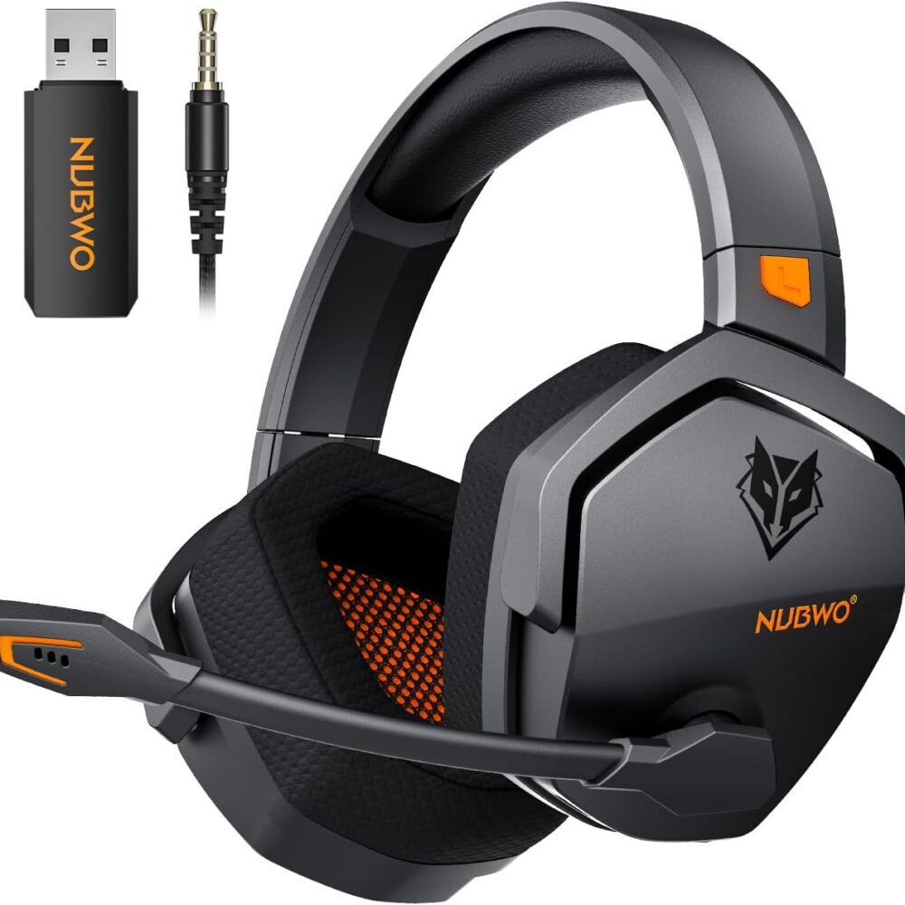 NUBWO Wireless Gaming Headset with Mic for Ps5 Ps4 PC, Zero Interference, 100-Hour Battery All-Day Play, 23ms Sync for Fortnite & Call of Duty/FPS Gamers, Triple Mode All Devices Compatible - Orange