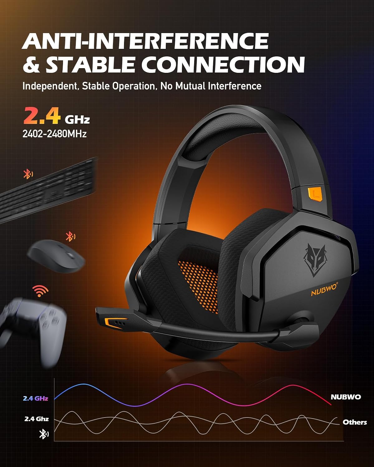 NUBWO Wireless Gaming Headset with Mic for Ps5 Ps4 PC, Zero Interference, 100-Hour Battery All-Day Play, 23ms Sync for Fortnite & Call of Duty/FPS Gamers, Triple Mode All Devices Compatible - Orange - Image 2