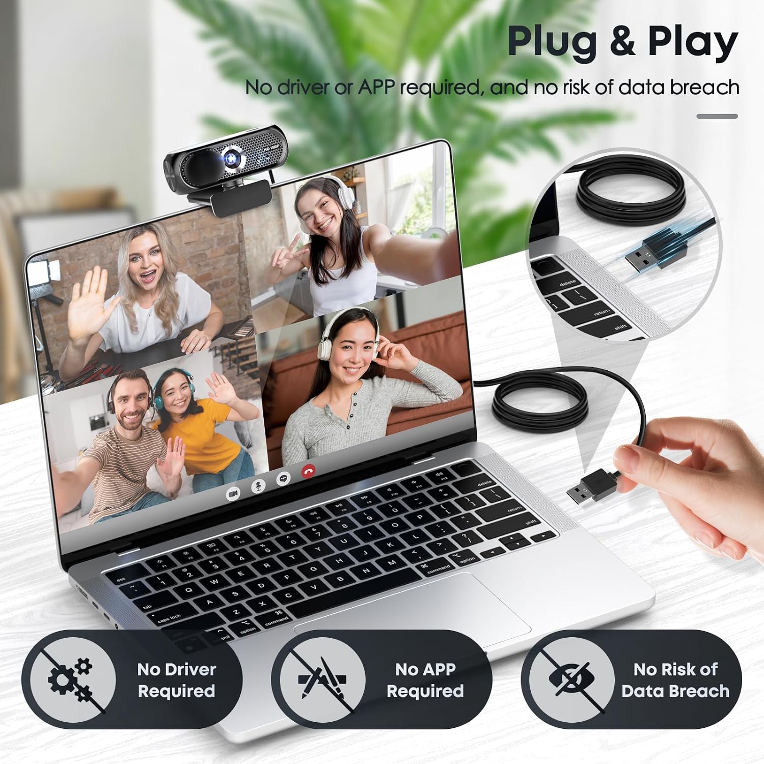 1080P HD Webcam with Microphone, Noise Cancellation, Privacy Cover, Wide-Angle Lens, Auto Light Correction, Plug & Play USB Webcam for Laptop, Desktop, PC, Mac, Zoom, Skype, Streaming (Black) - Image 5